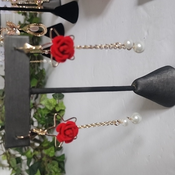 Gold with Velvet Red Rose Flower and Pearls Danglr Drop Earrings - Picture 3 of 9